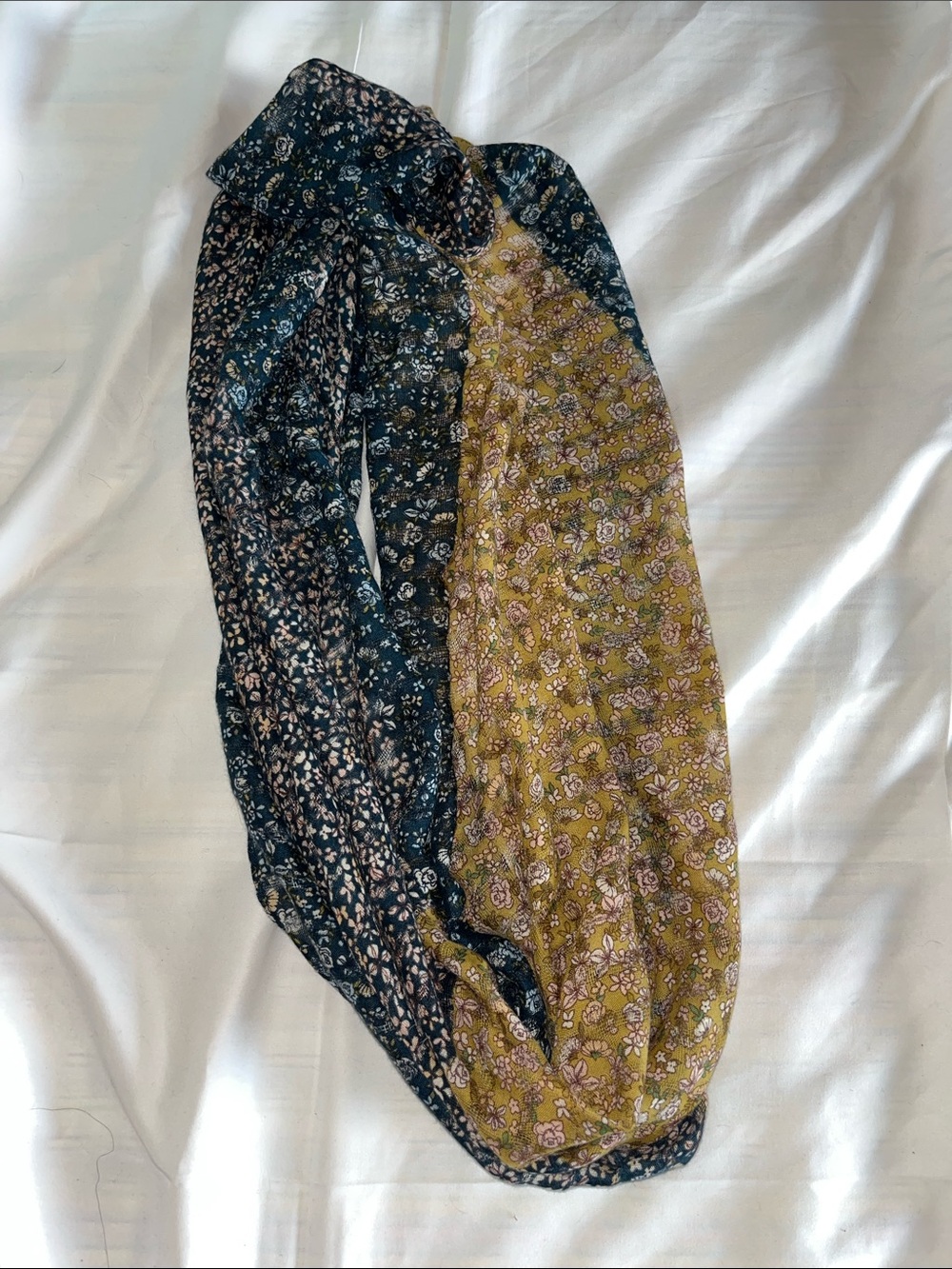 Reversible Floral Infinity Scarf - Gold/Green and Navy‎